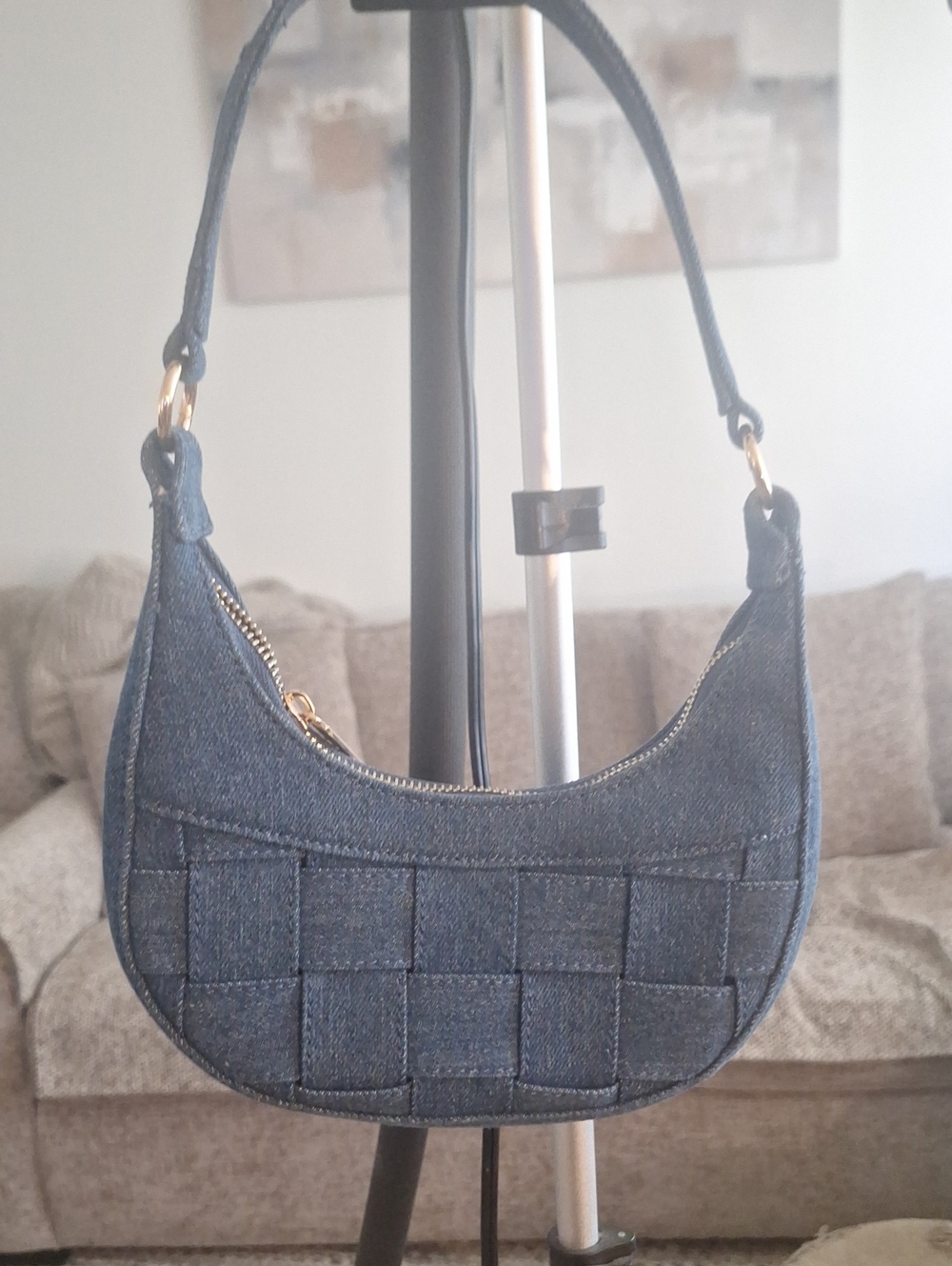 Woven Denim Crescent Shoulder Bag - Blue